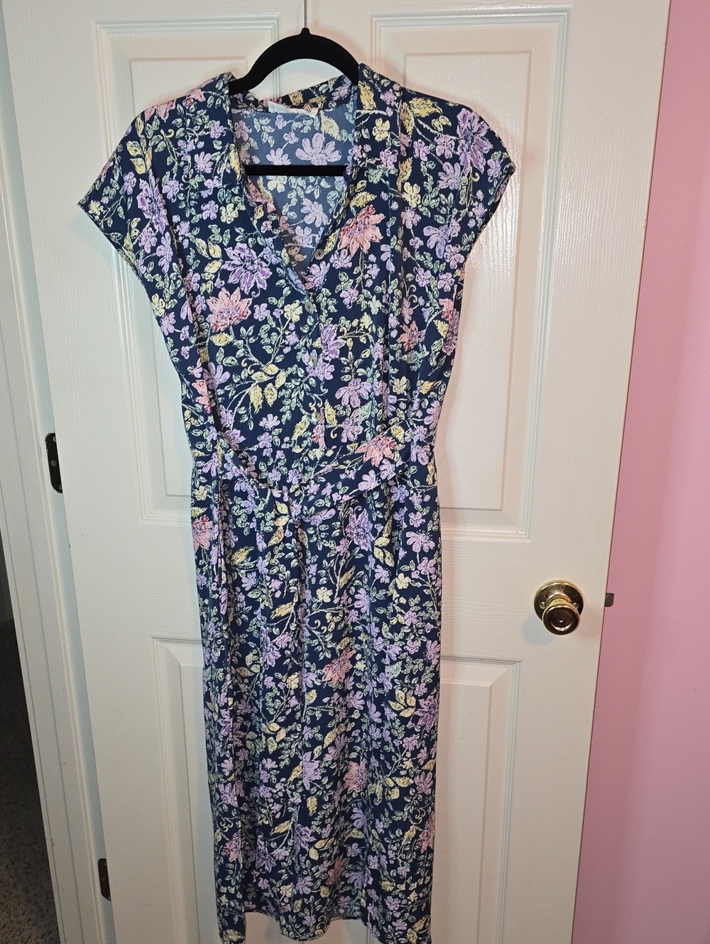 Lucky Brand Navy Floral Midi Wrap Dress with Pastel Blooms